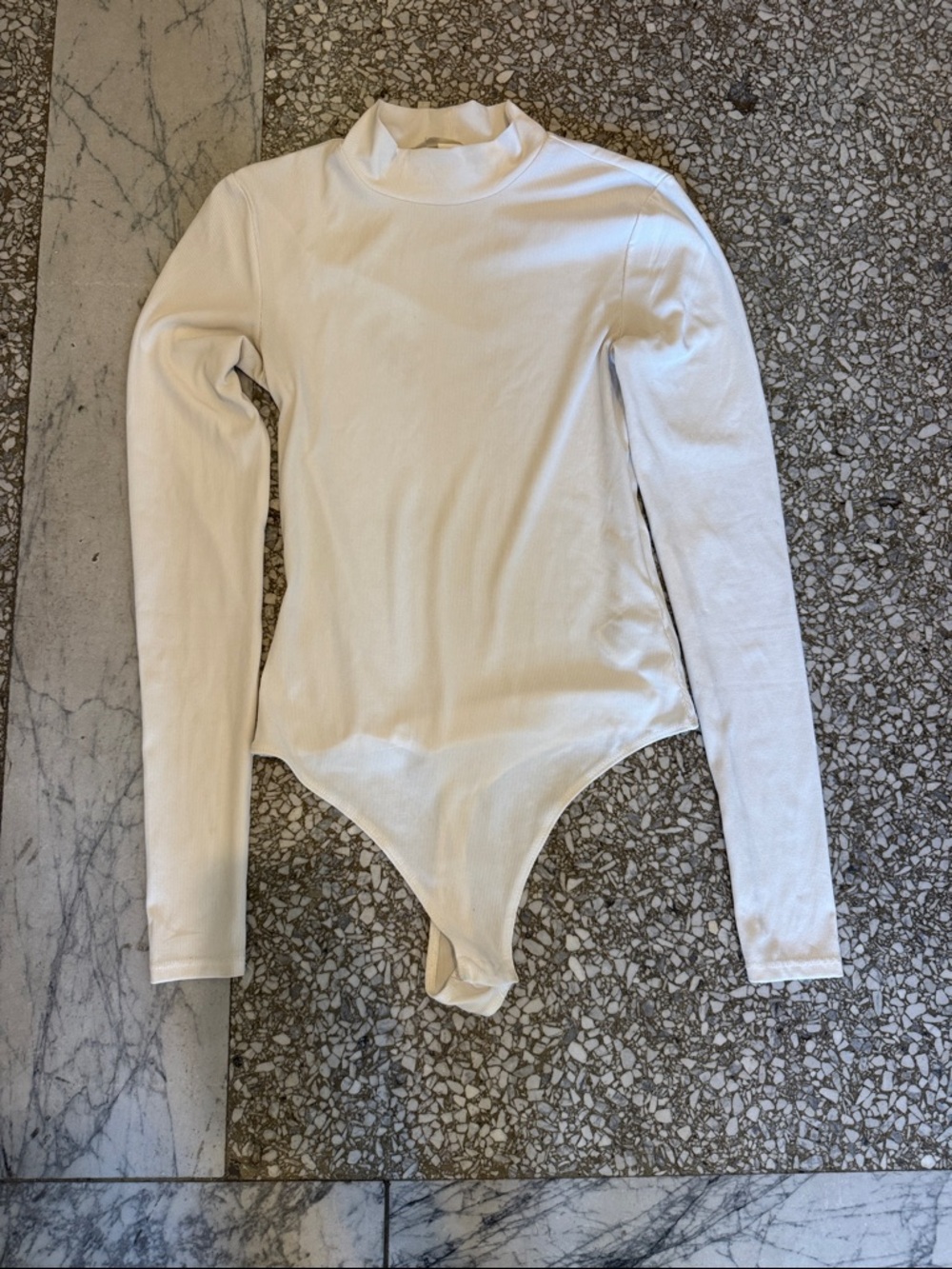 H&M Long Sleeve Mock Neck One-Piece Bodysuit in Cream